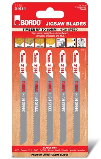 BORDO JIG SAW HCS T-SHANK STRAIGHT CUT 100MM TIMBER 5 PK 